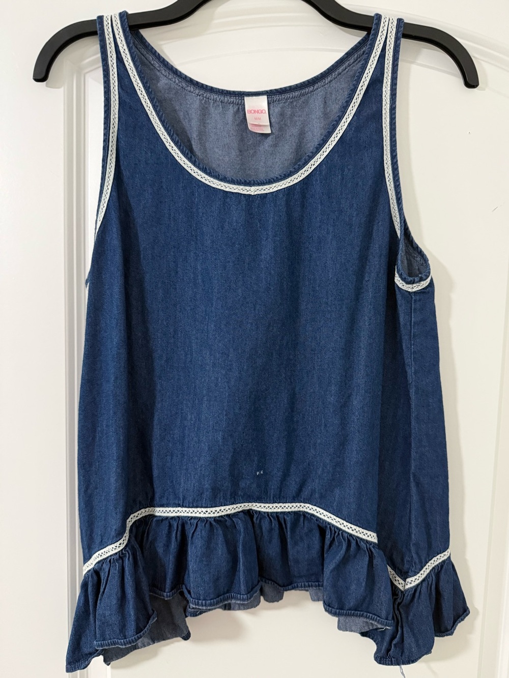 BONGO Dark Blue Denim Ruffle Tank with White Trim